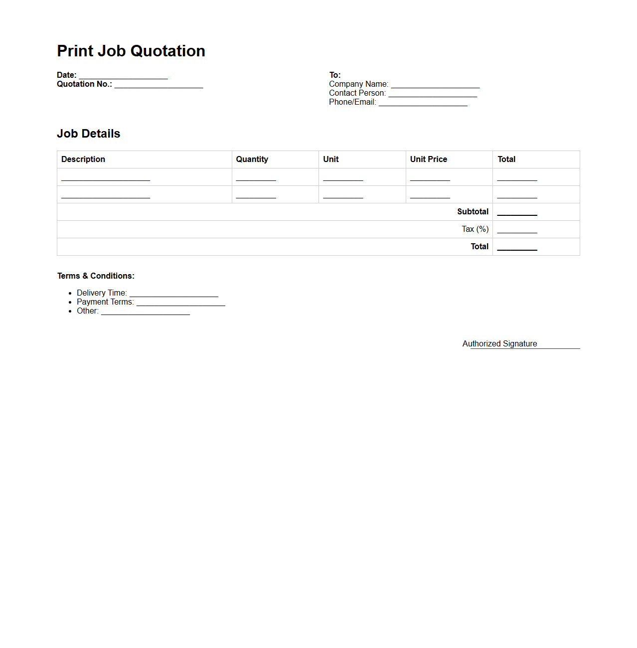 Basic Print Job Quotation Model