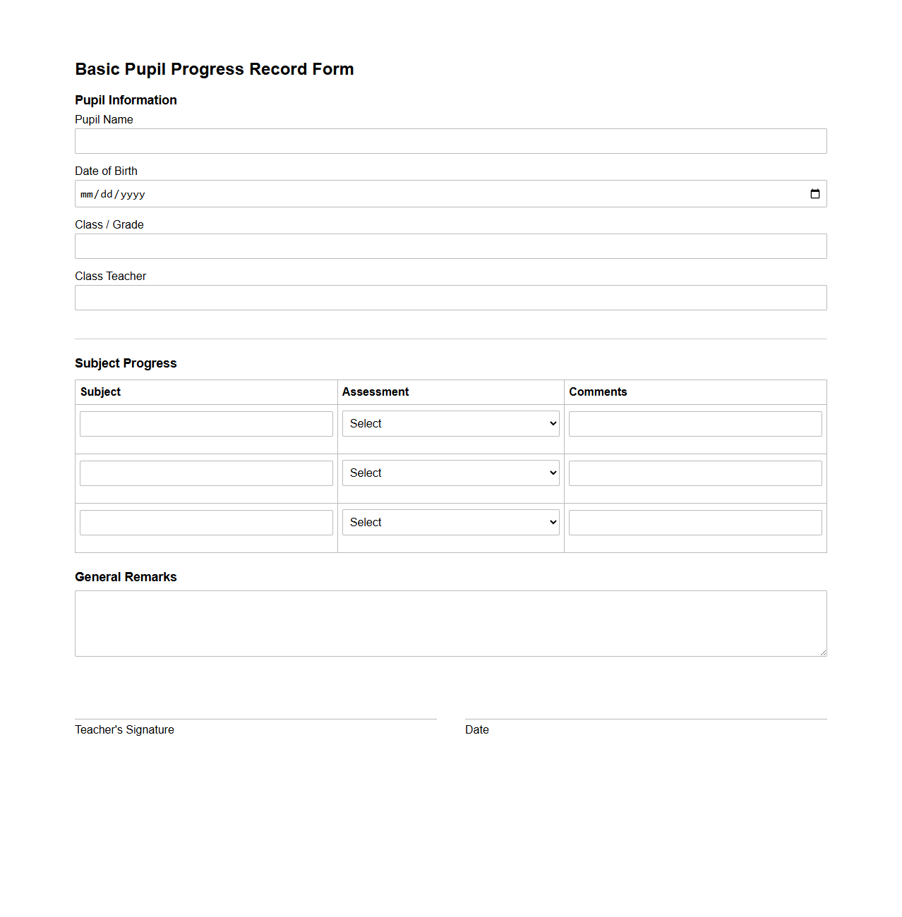 Basic Pupil Progress Record Form