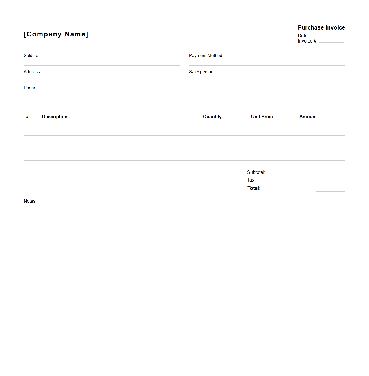Basic Purchase Invoice Sheet for Retail Sales