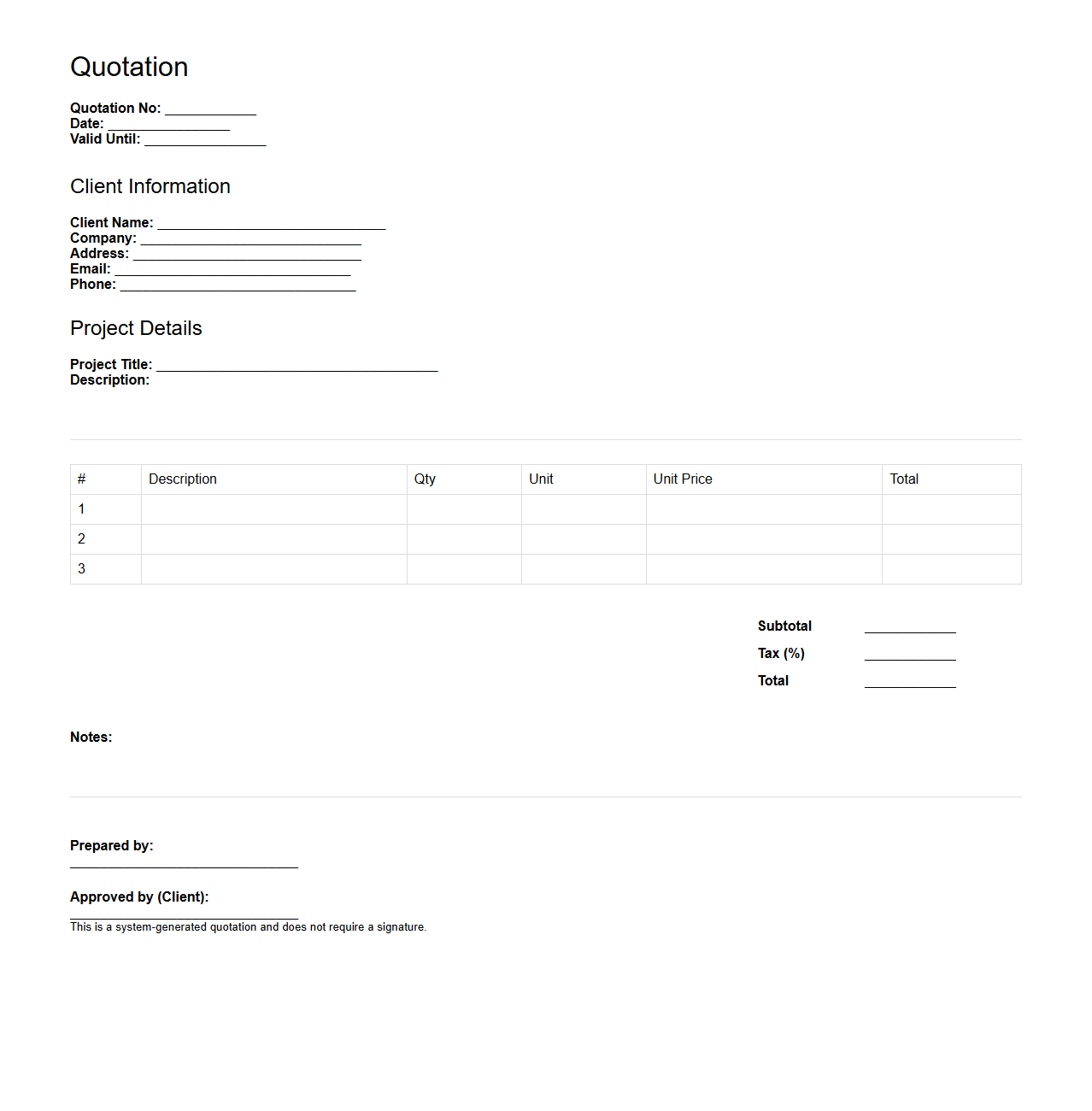 Basic Quotation Document for Project Cost Estimates