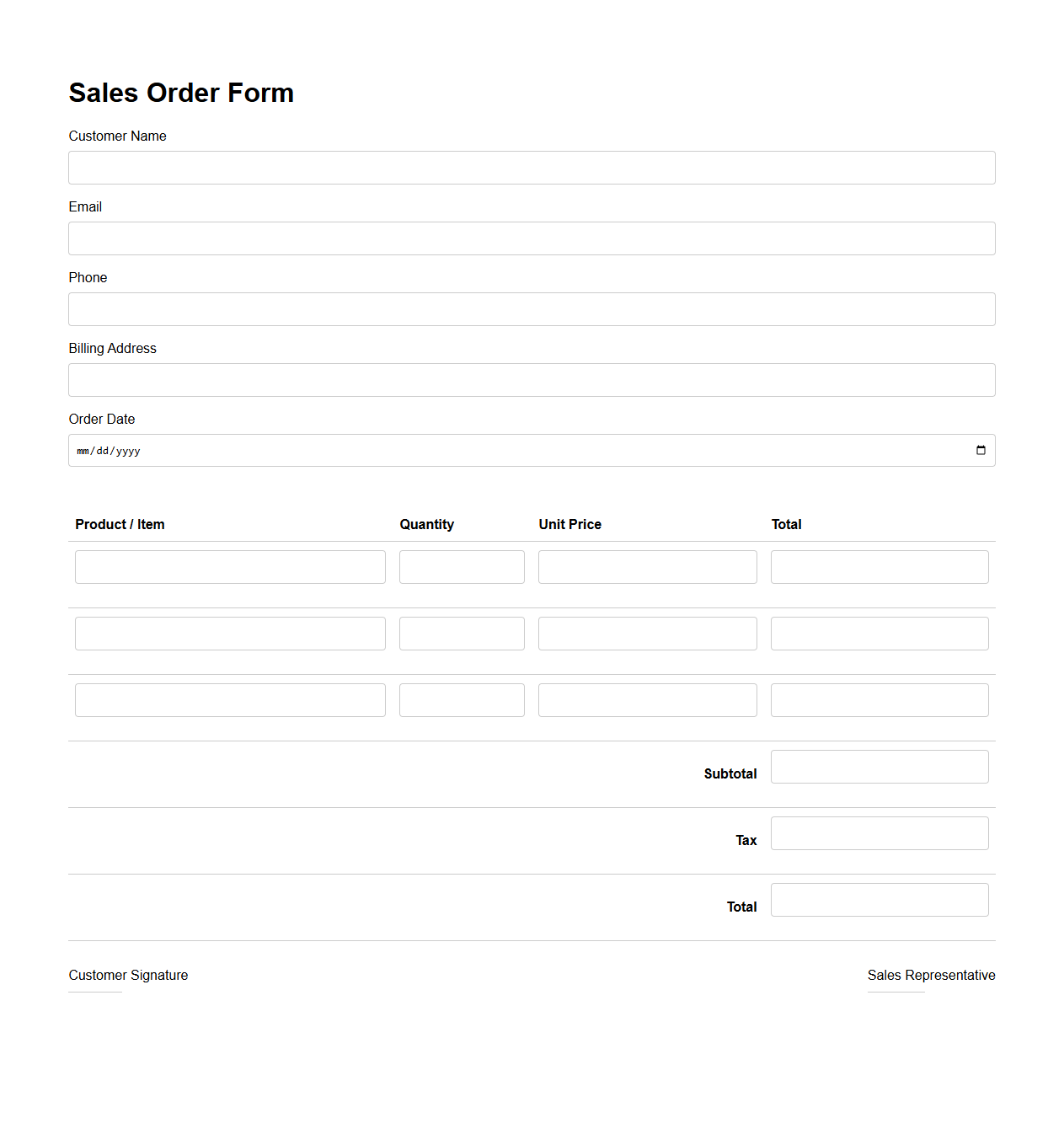 Basic Sales Order Form for Customer Purchases