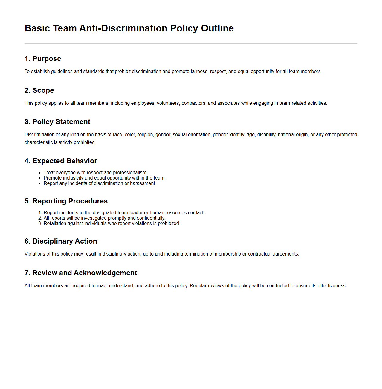 Basic Team Anti-Discrimination Policy Outline