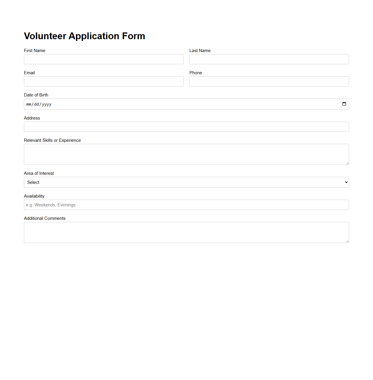 Basic Volunteer Application Form Layout