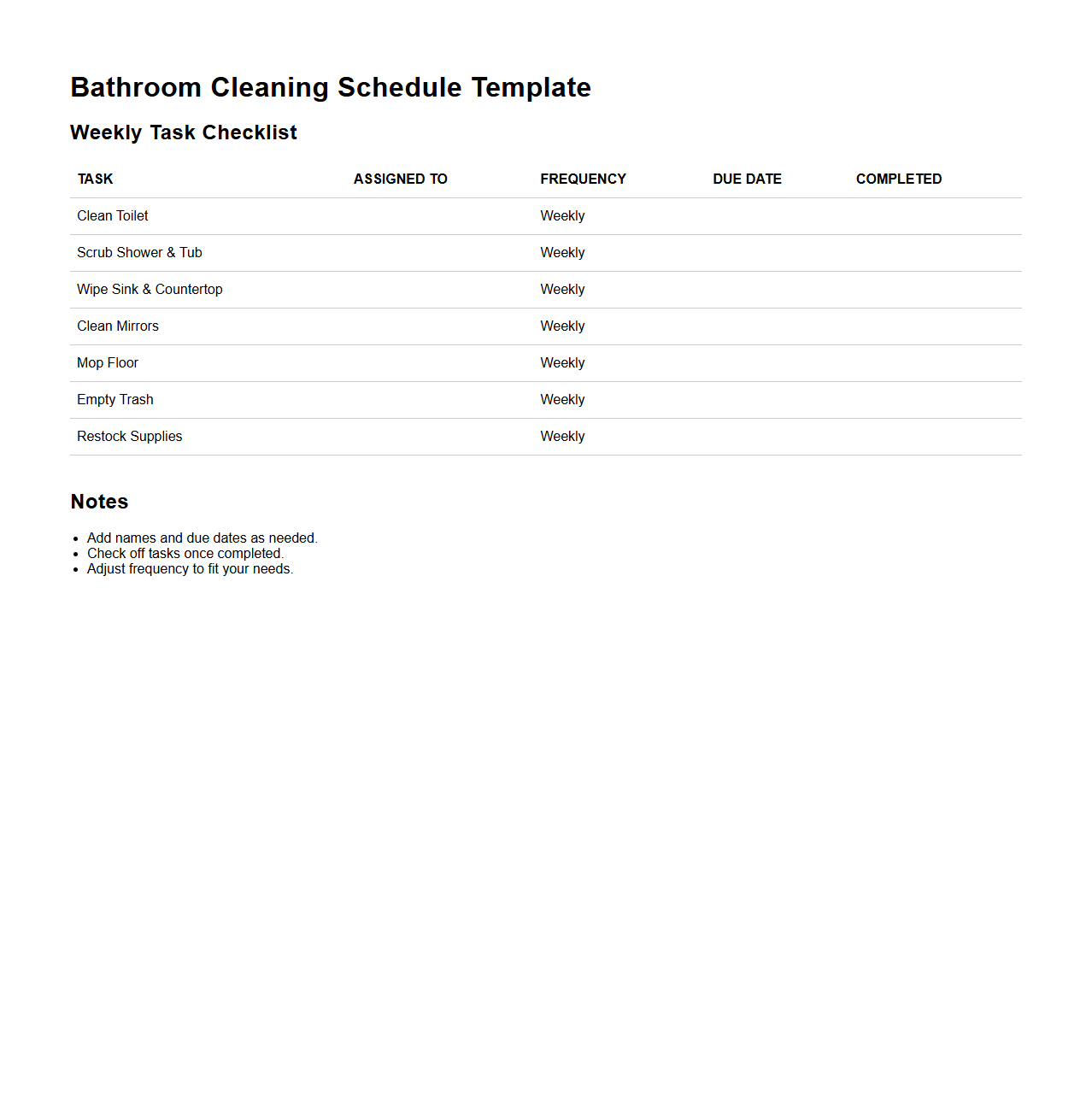 Bathroom Cleaning Schedule Template