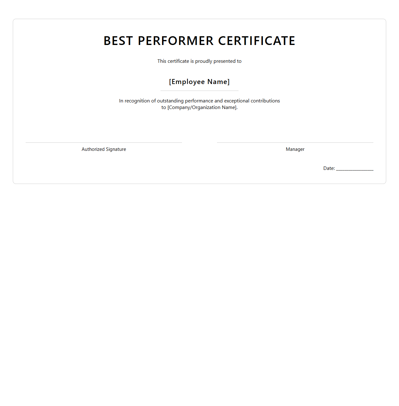 Best Performer Certificate Skeleton for Employees