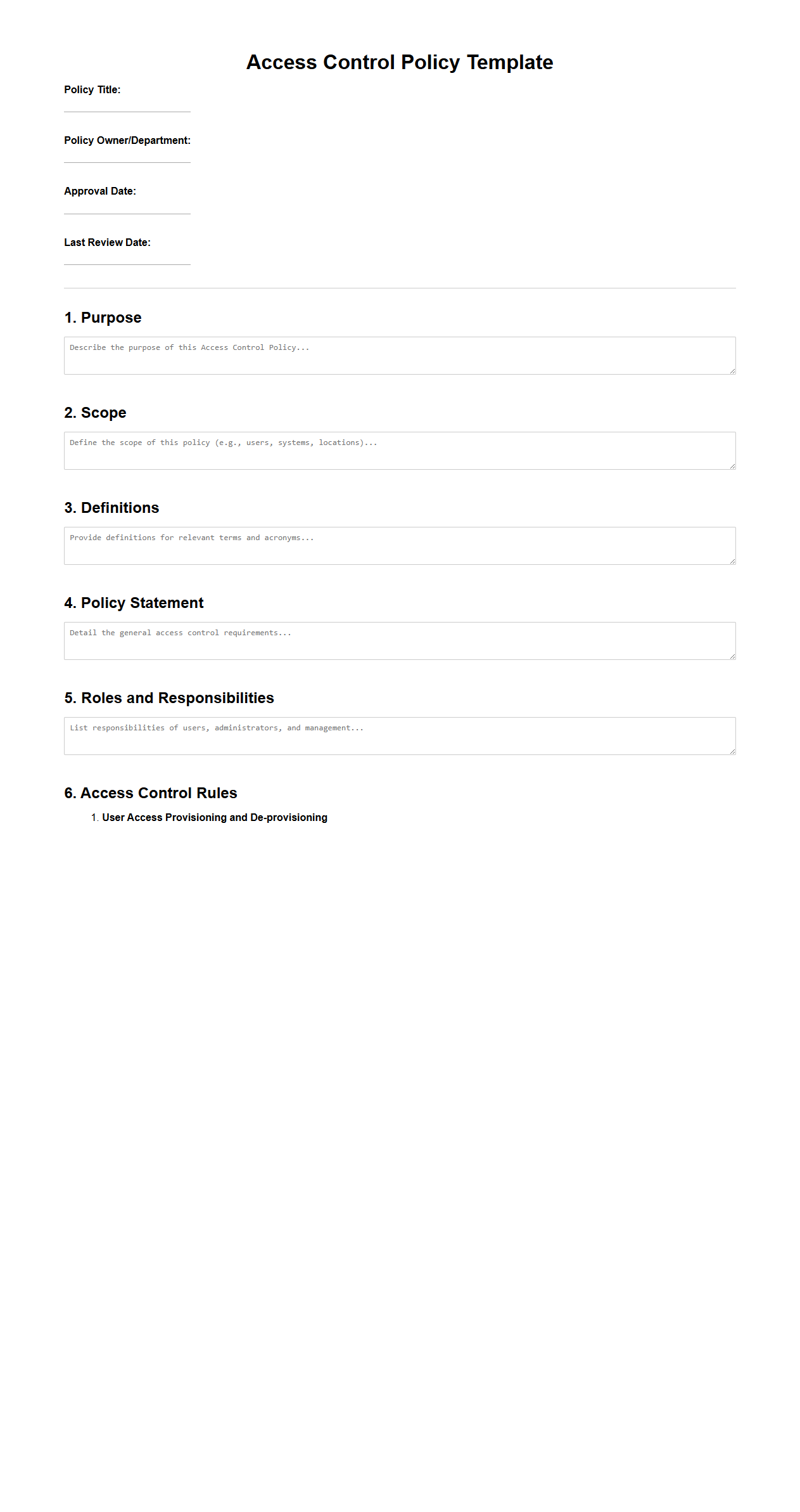 Blank Access Control Policy Template for IT Administrators