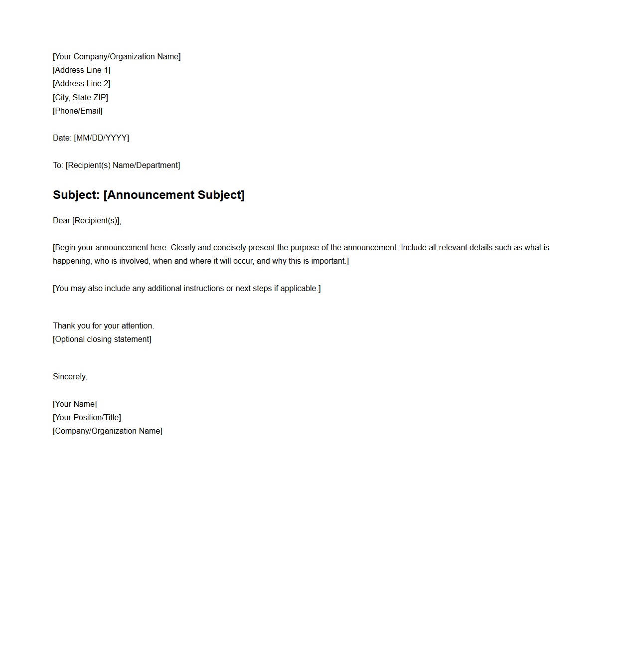 Blank Announcement Letter Format