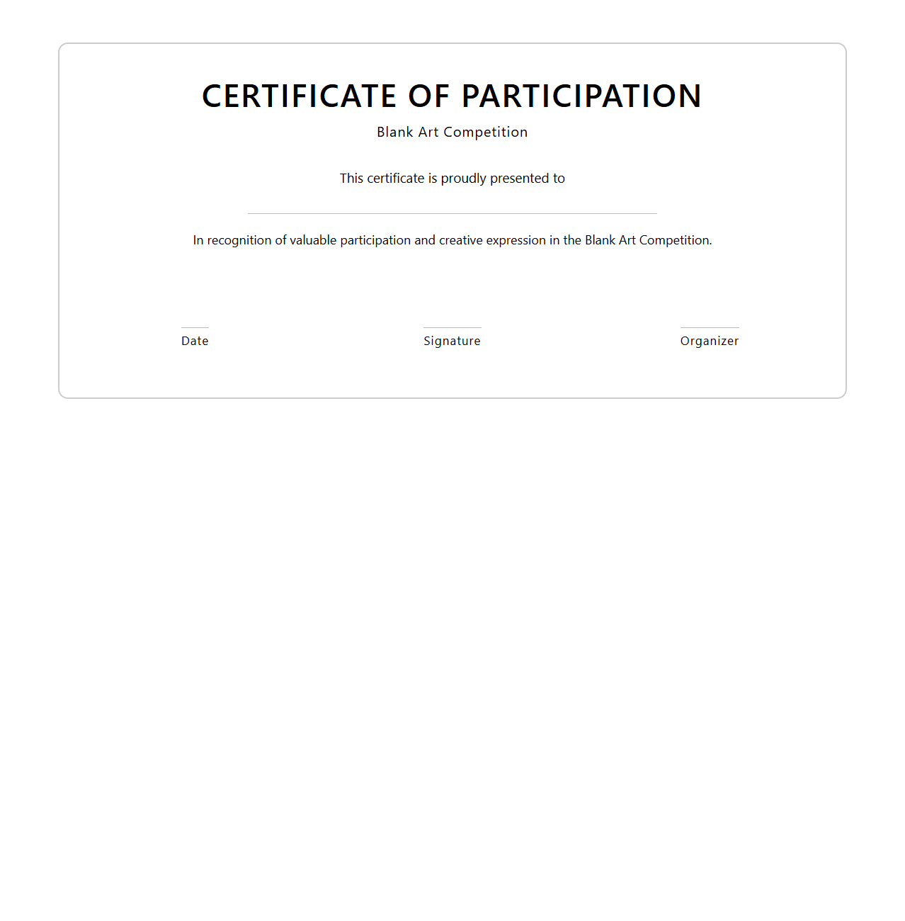 Blank Art Competition Participation Certificate Template