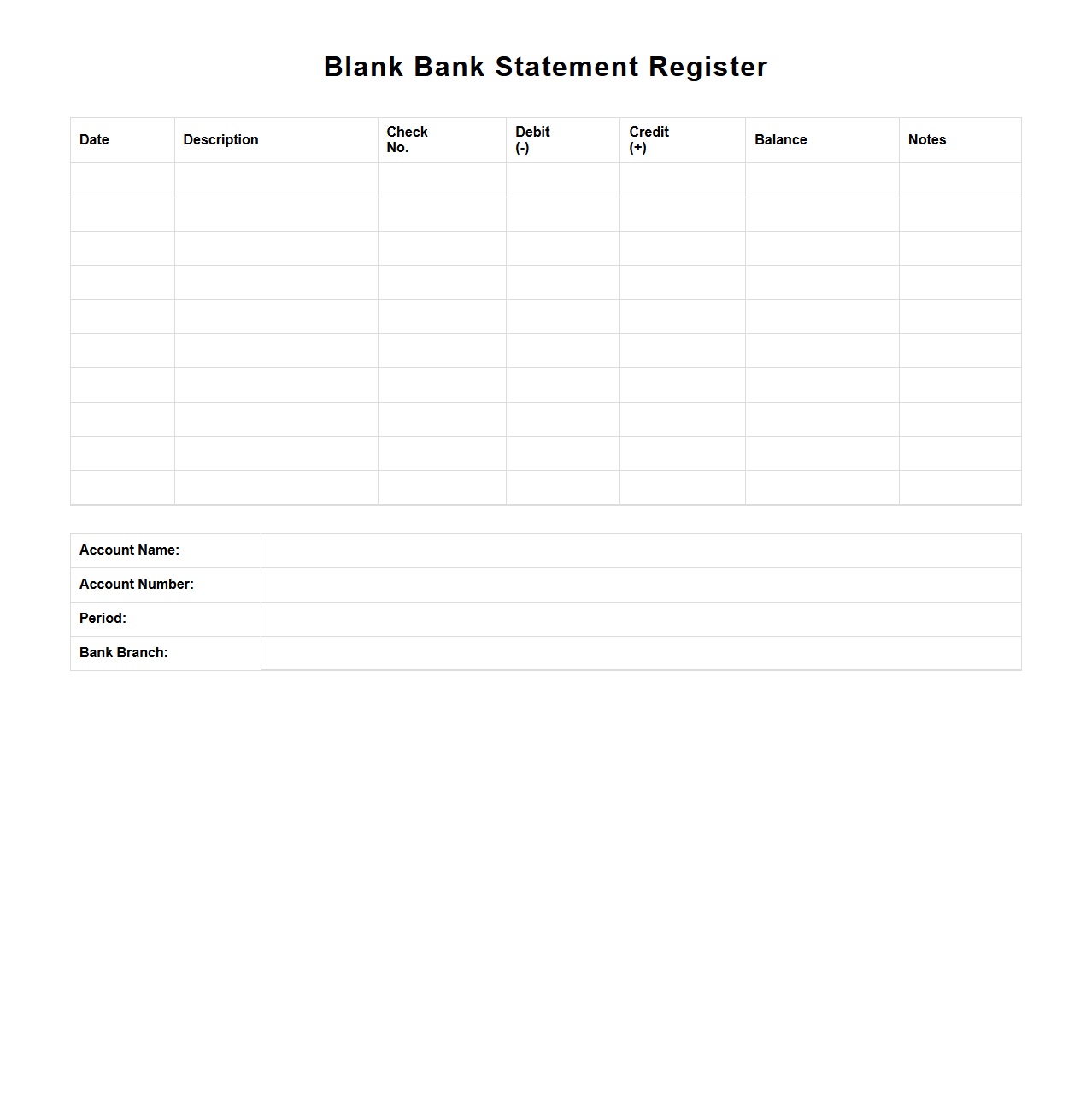 Blank Bank Statement Register for Transaction Recording