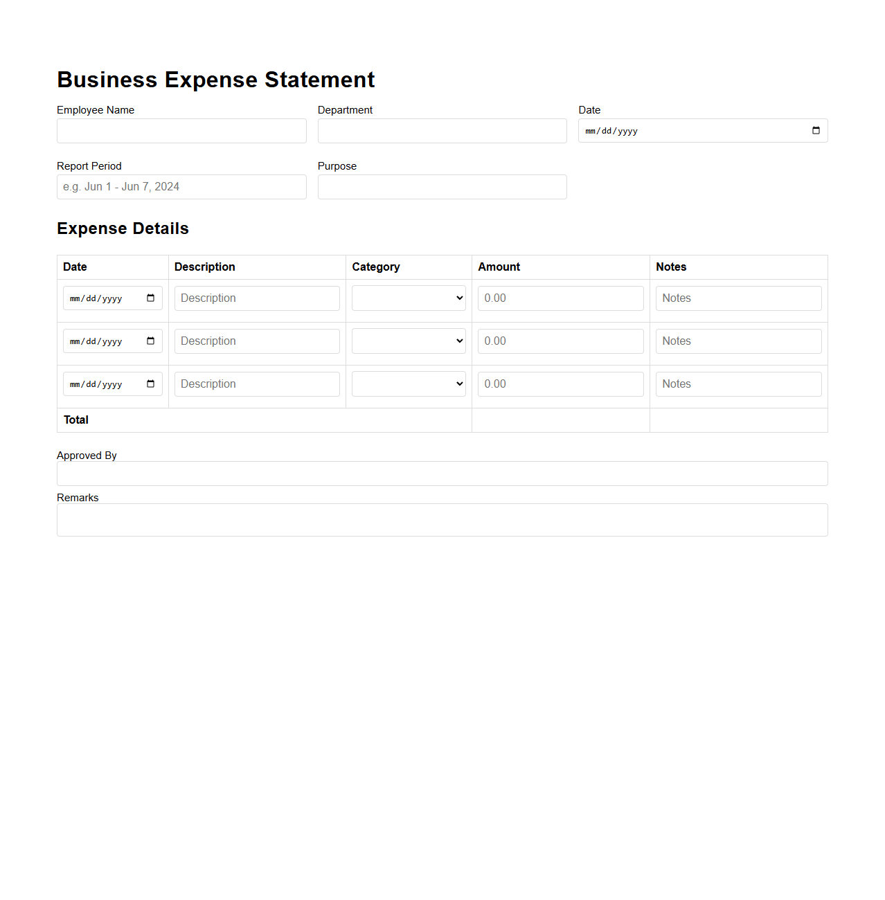 Blank Business Expense Statement Sheet