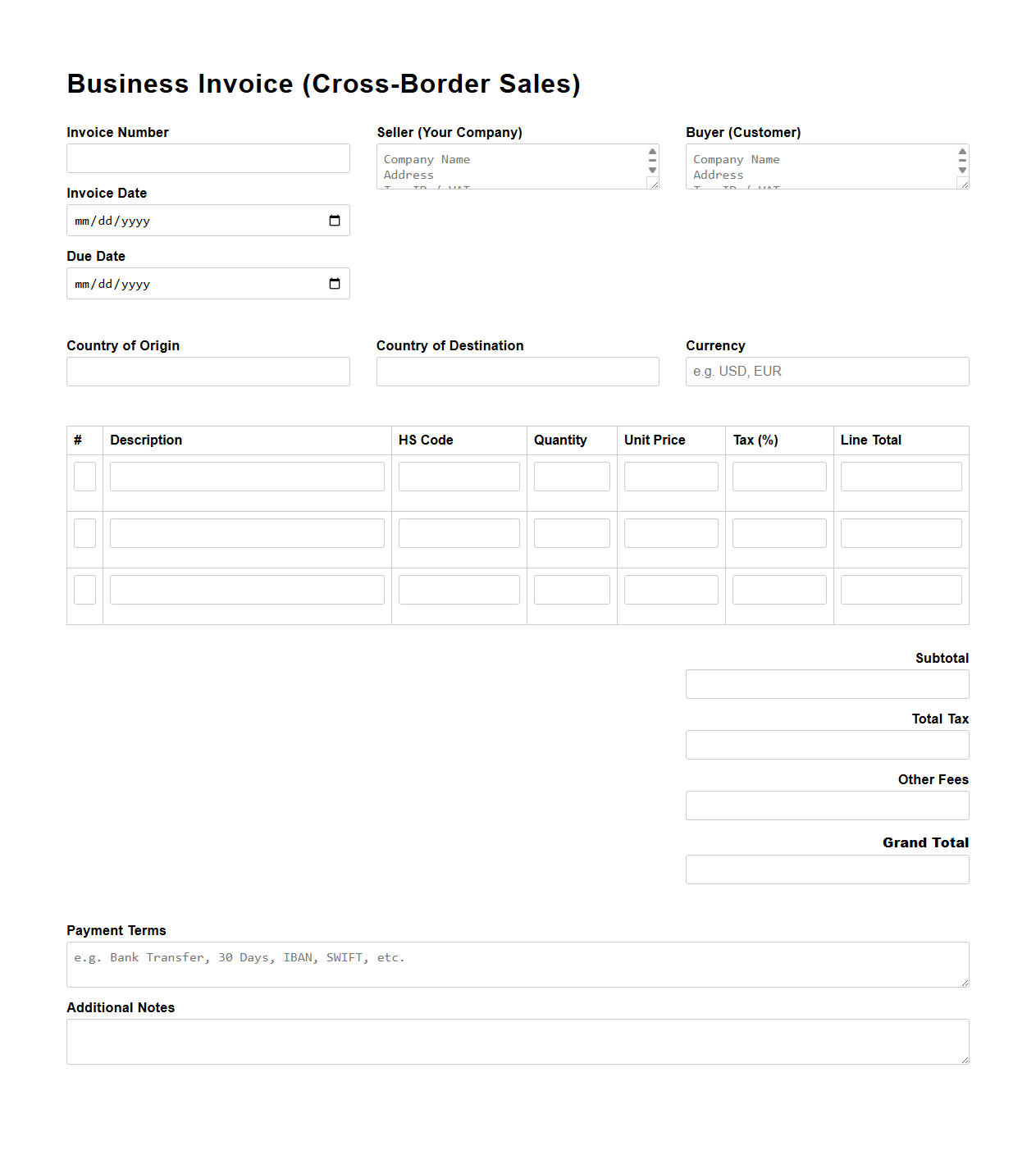 Blank Business Invoice Form for Cross-Border Sales