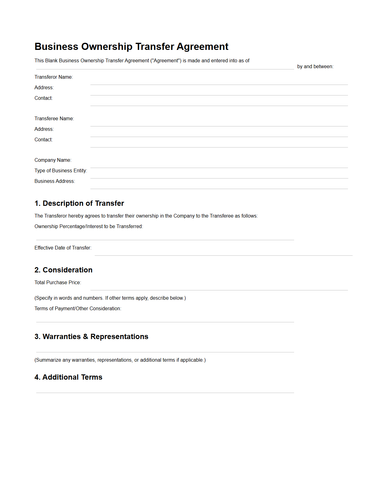 Blank Business Ownership Transfer Agreement for Company Deals