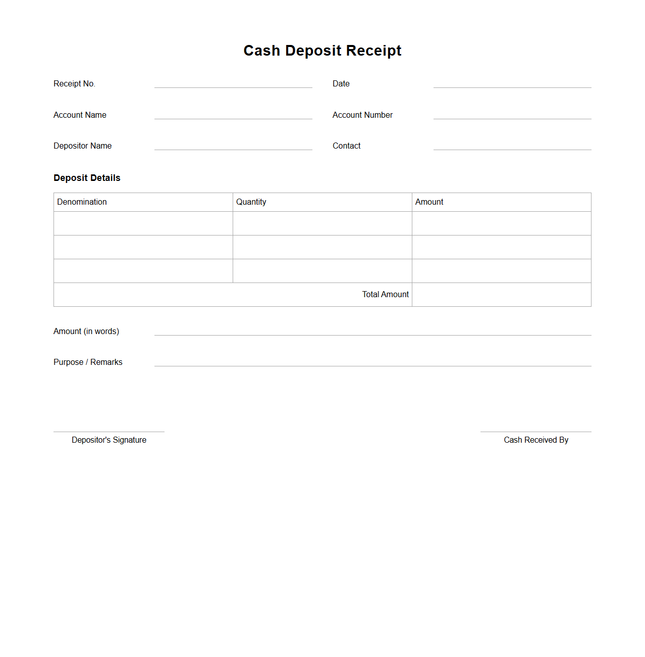 Blank Cash Deposit Receipt Design