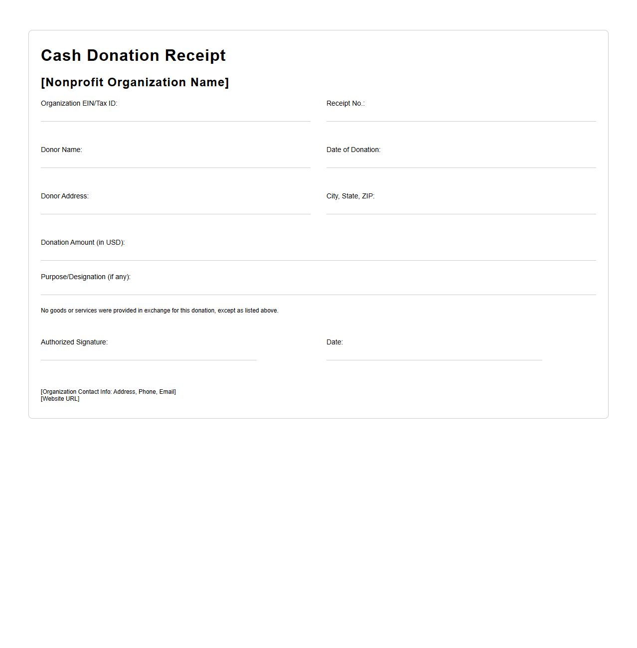 Blank Cash Donation Receipt Template for Nonprofits