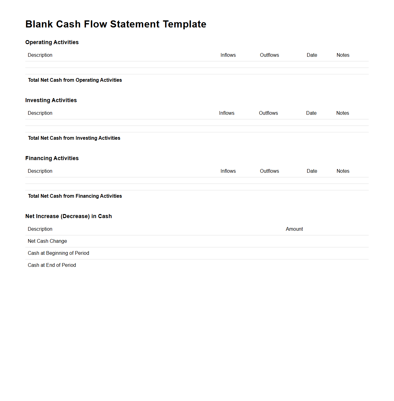 Blank Cash Flow Statement Template for Transactions