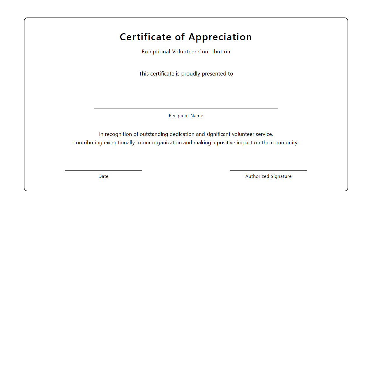 Blank Certificate for Exceptional Volunteer Contribution