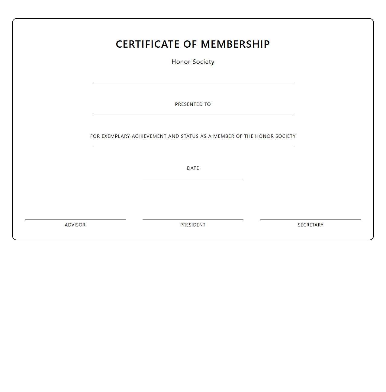 Blank Certificate for Honor Society Members