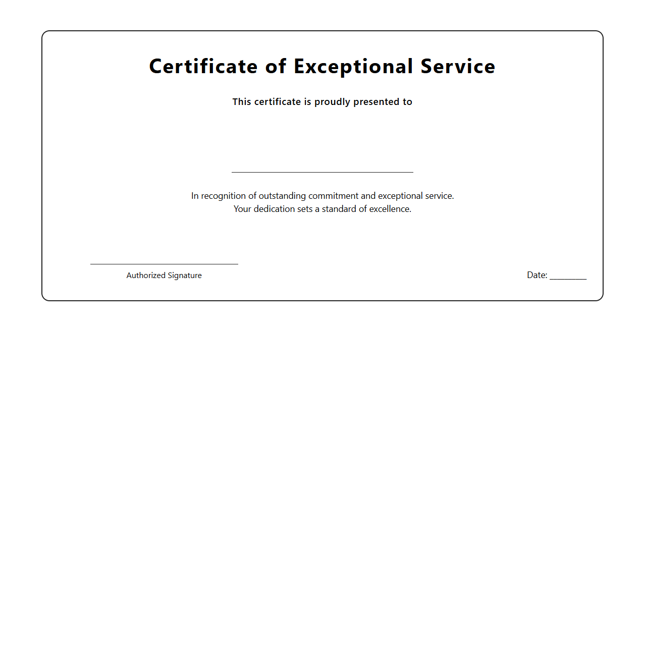 Blank Certificate Template for Exceptional Service Recognition