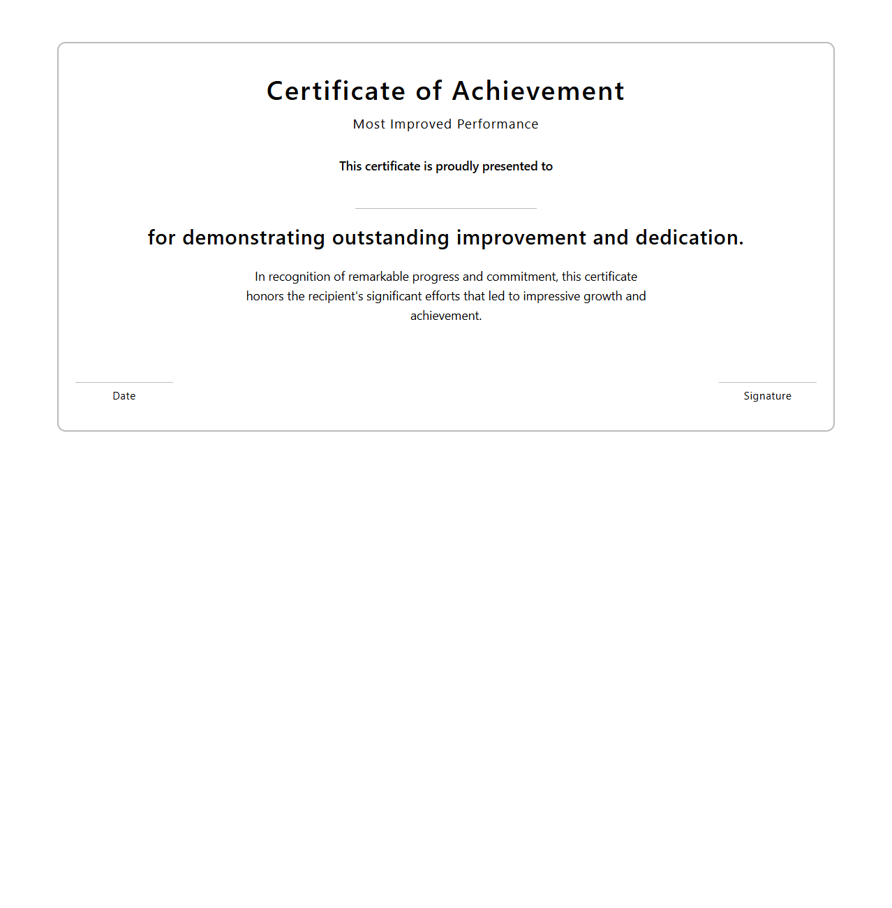 Blank Certificate Template for Most Improved Performance