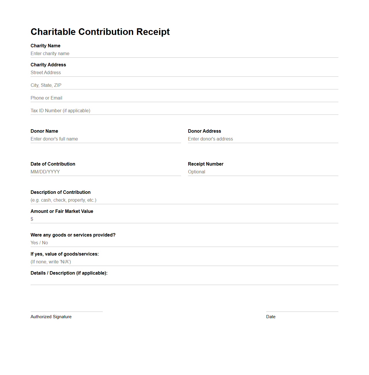 Blank Charitable Contribution Receipt Template