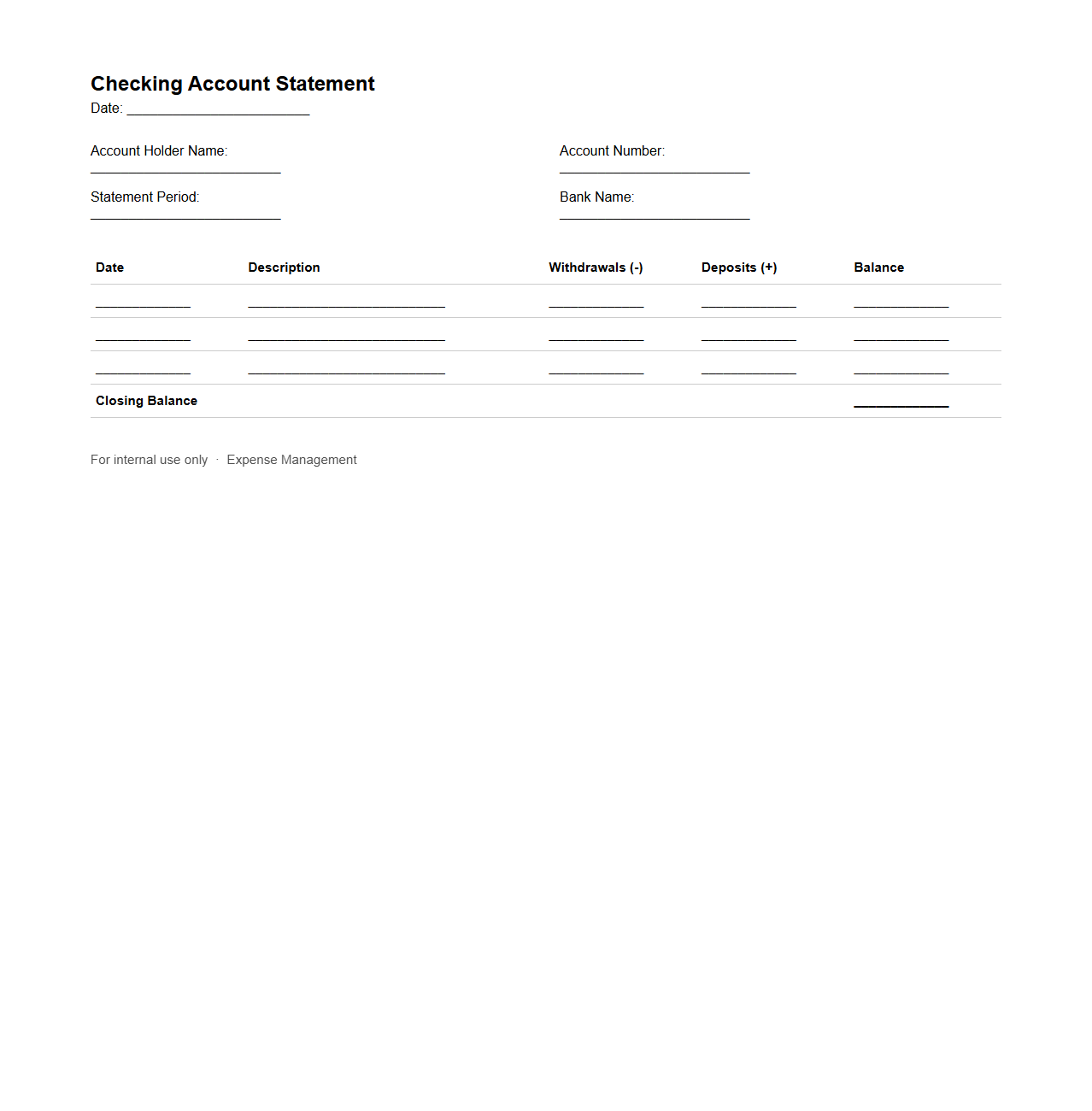 Blank Checking Account Statement Template for Expense Management