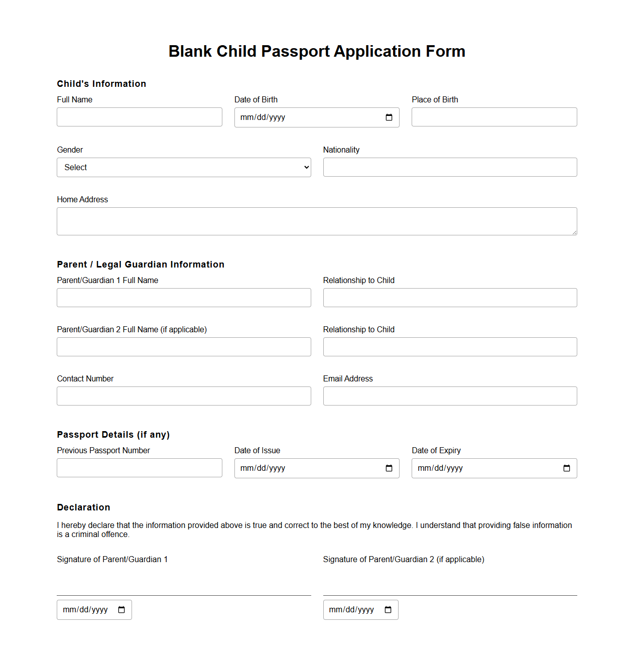 Blank Child Passport Application Form Template
