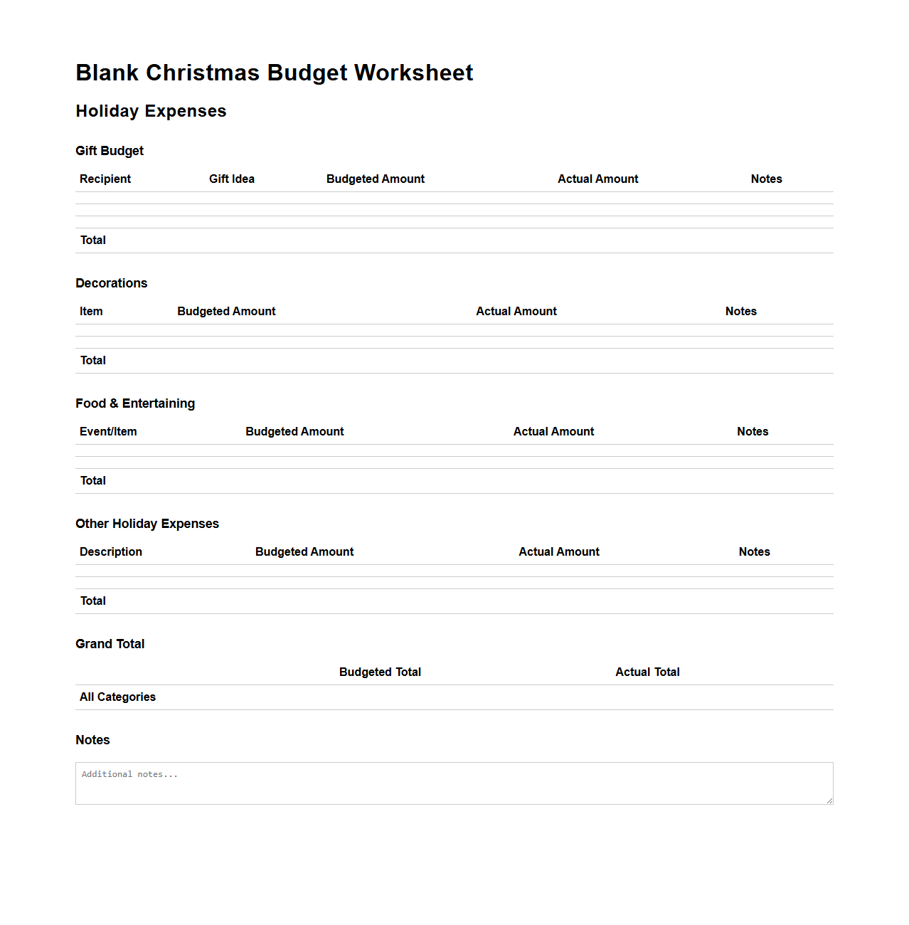 Blank Christmas Budget Worksheet for Holiday Expenses