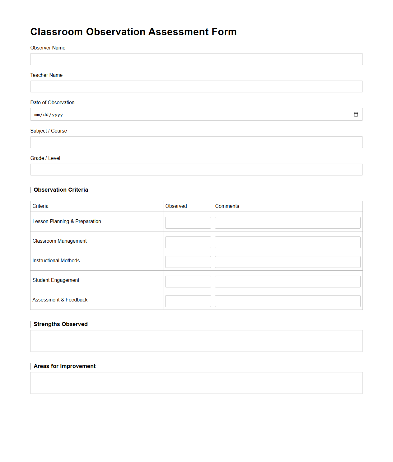 Blank Classroom Observation Assessment Form Template