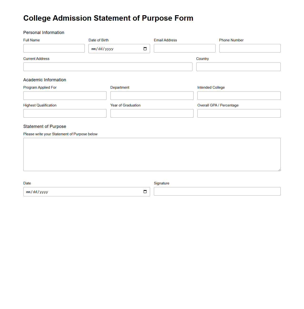 Blank College Admission Statement of Purpose Form