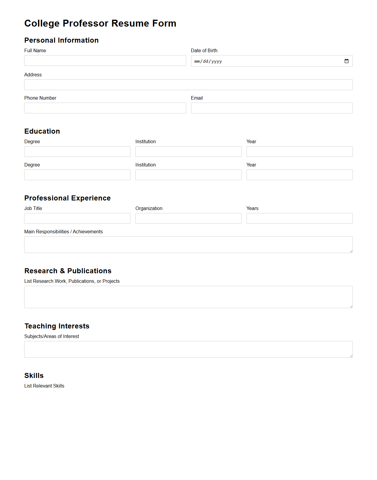 Blank College Professor Resume Form