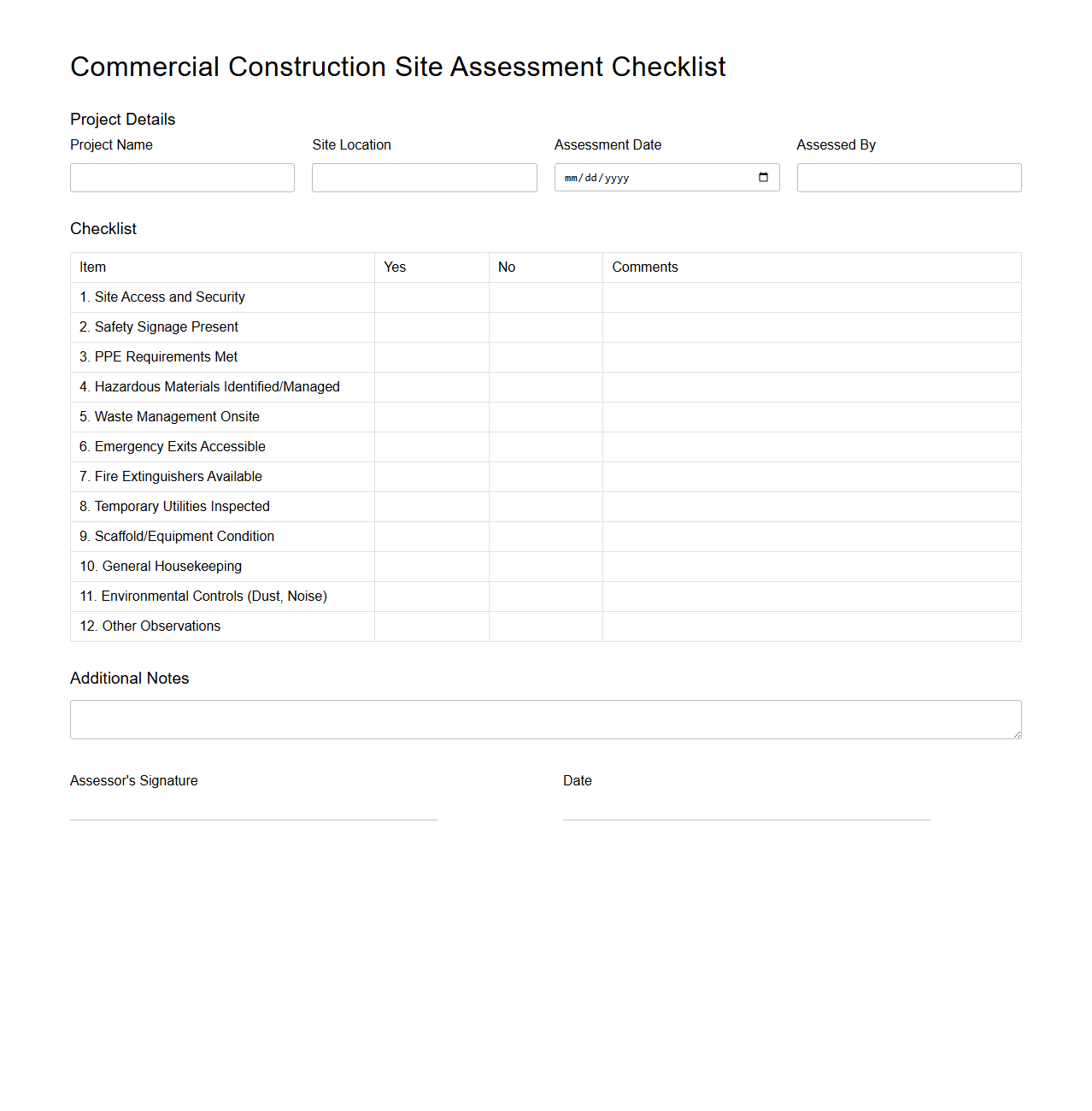 Blank Commercial Construction Site Assessment Checklist