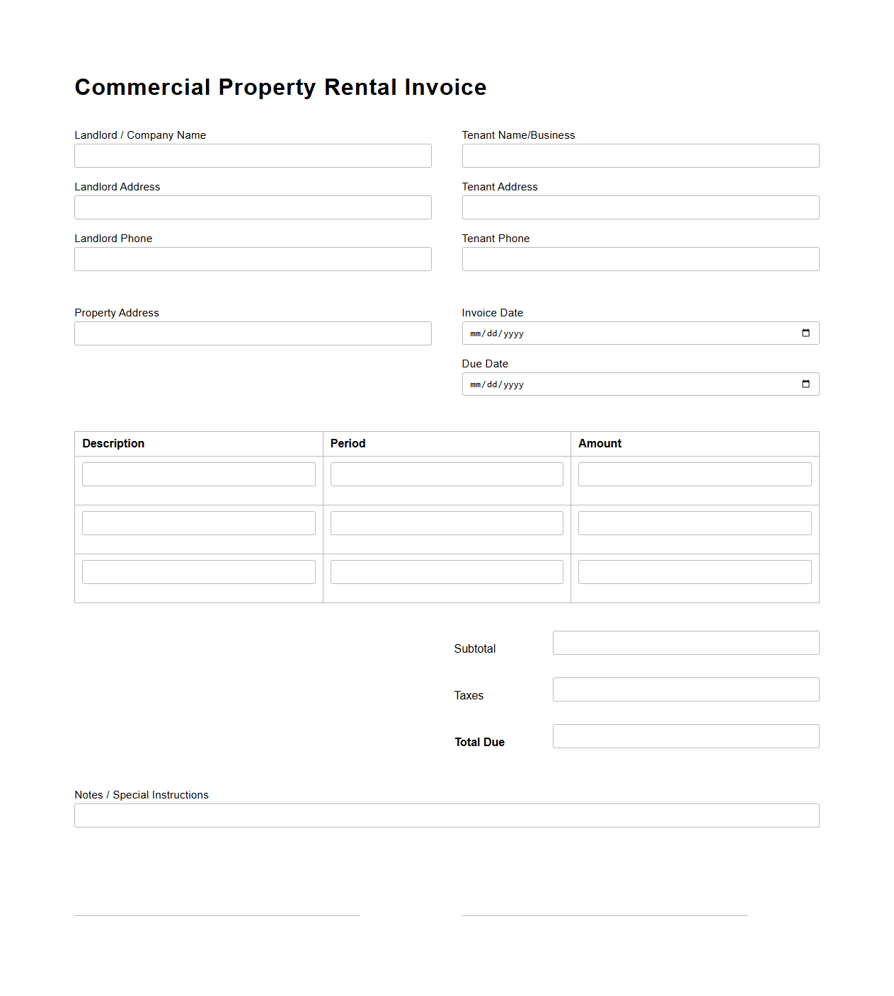 Blank Commercial Property Rental Invoice Template
