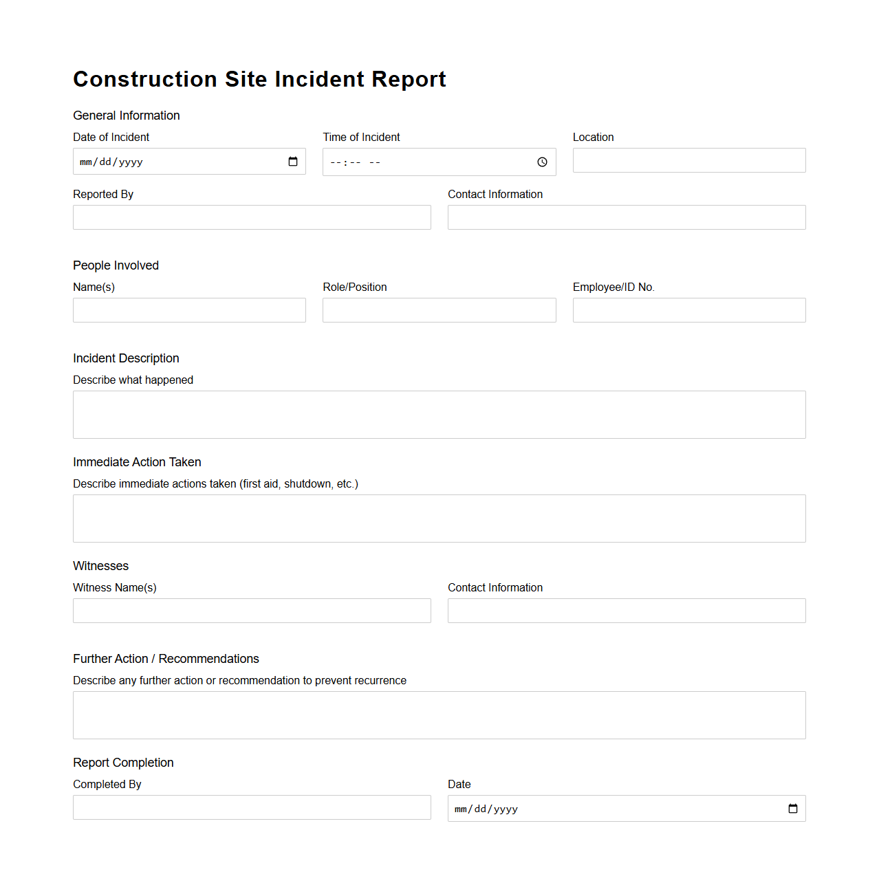 Blank Construction Site Incident Report Layout