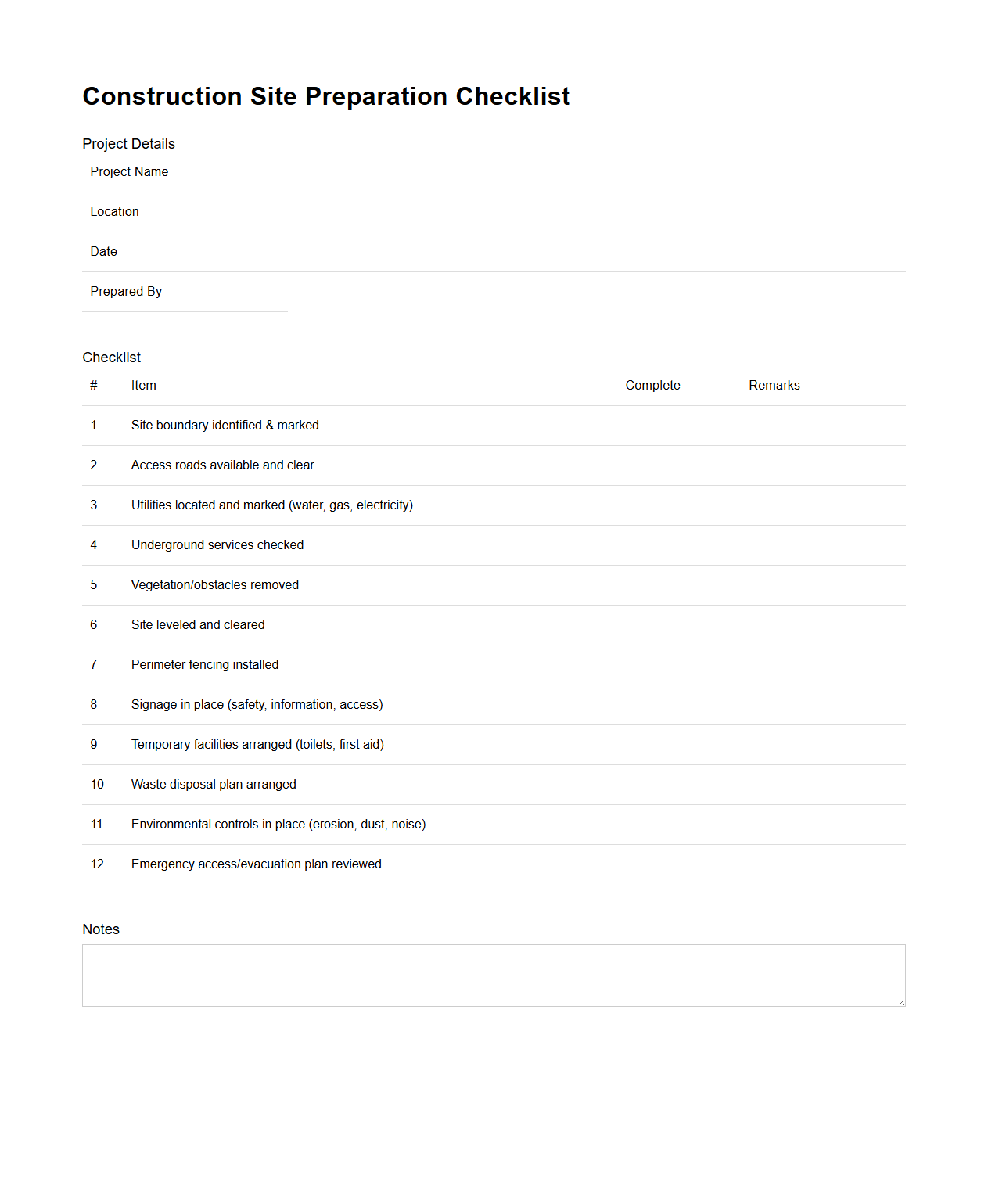 Blank Construction Site Preparation Checklist