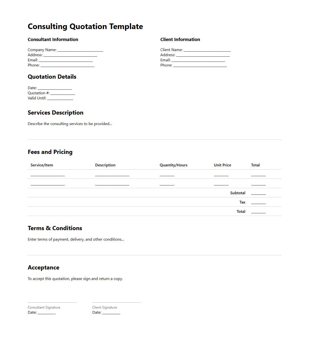 Blank Consulting Quotation Template for Professional Services