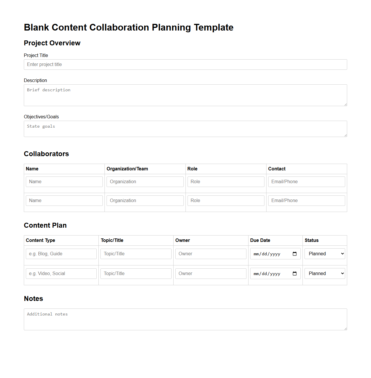 Blank Content Collaboration Planning Template