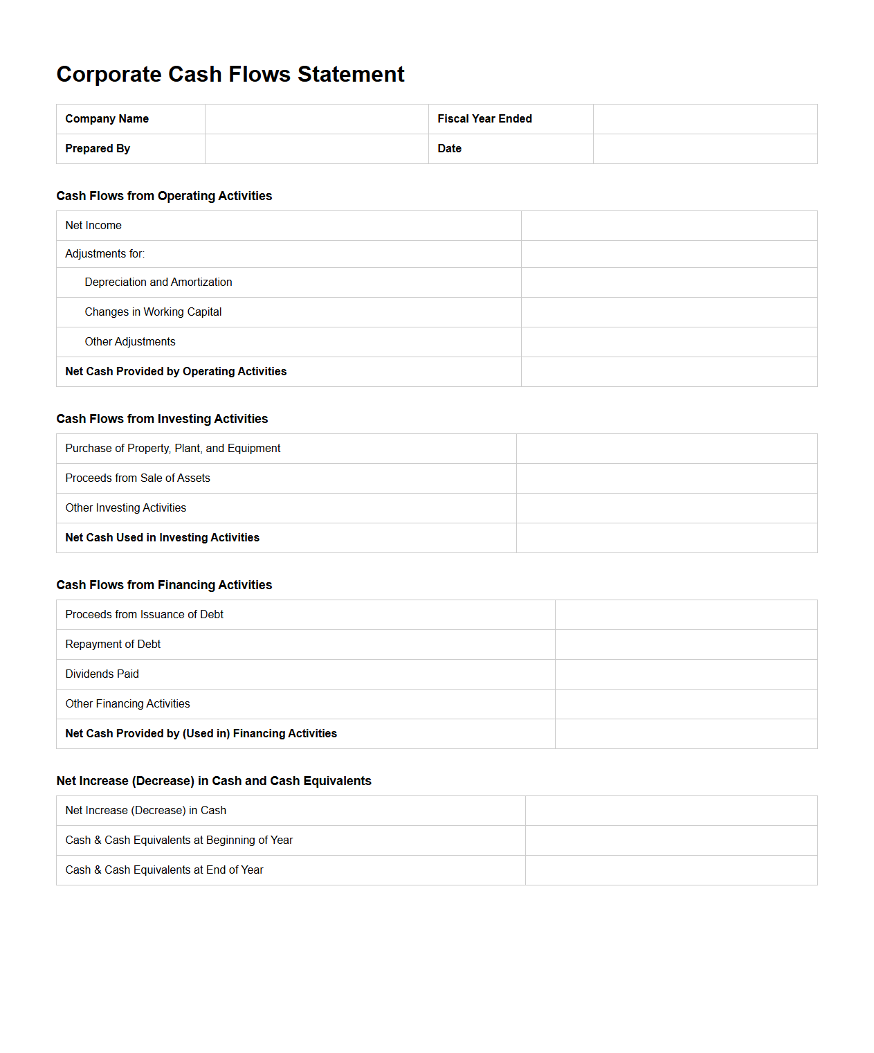 Blank Corporate Cash Flows Statement Form