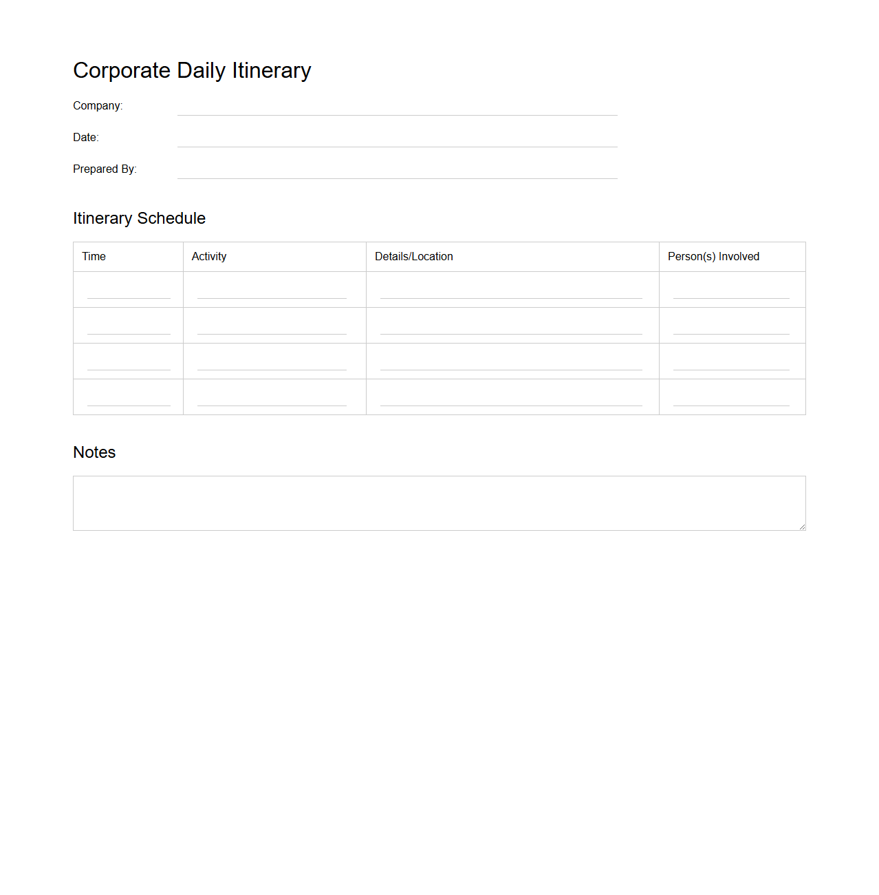 Blank Corporate Daily Itinerary Template