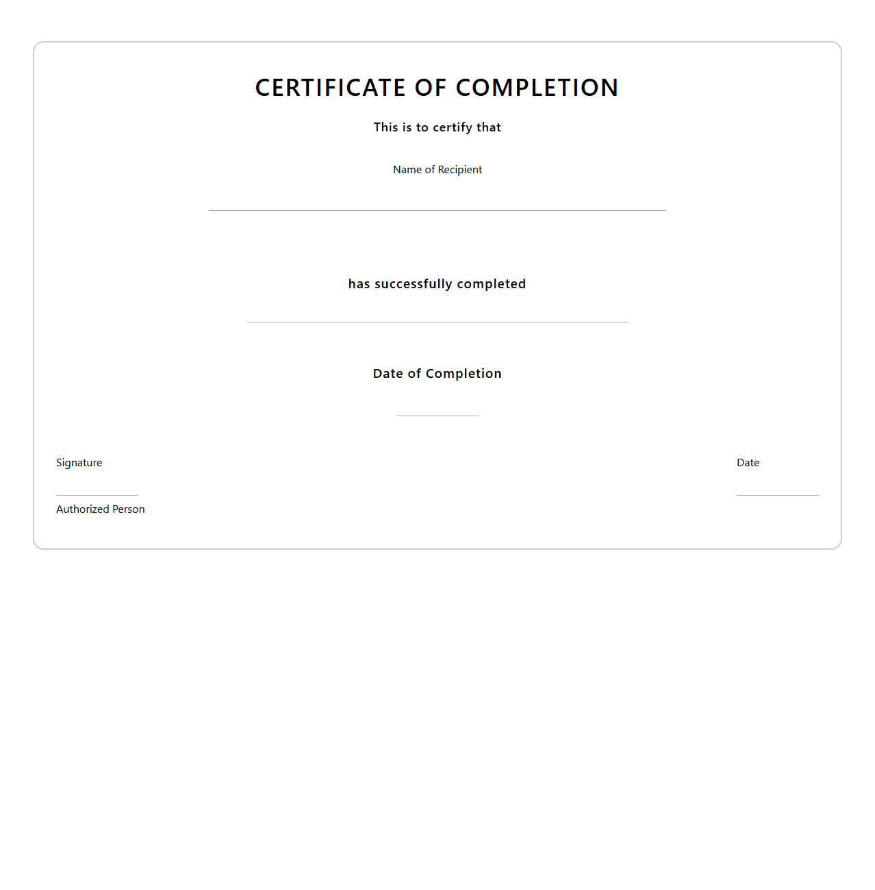 Blank Course Completion Award Template