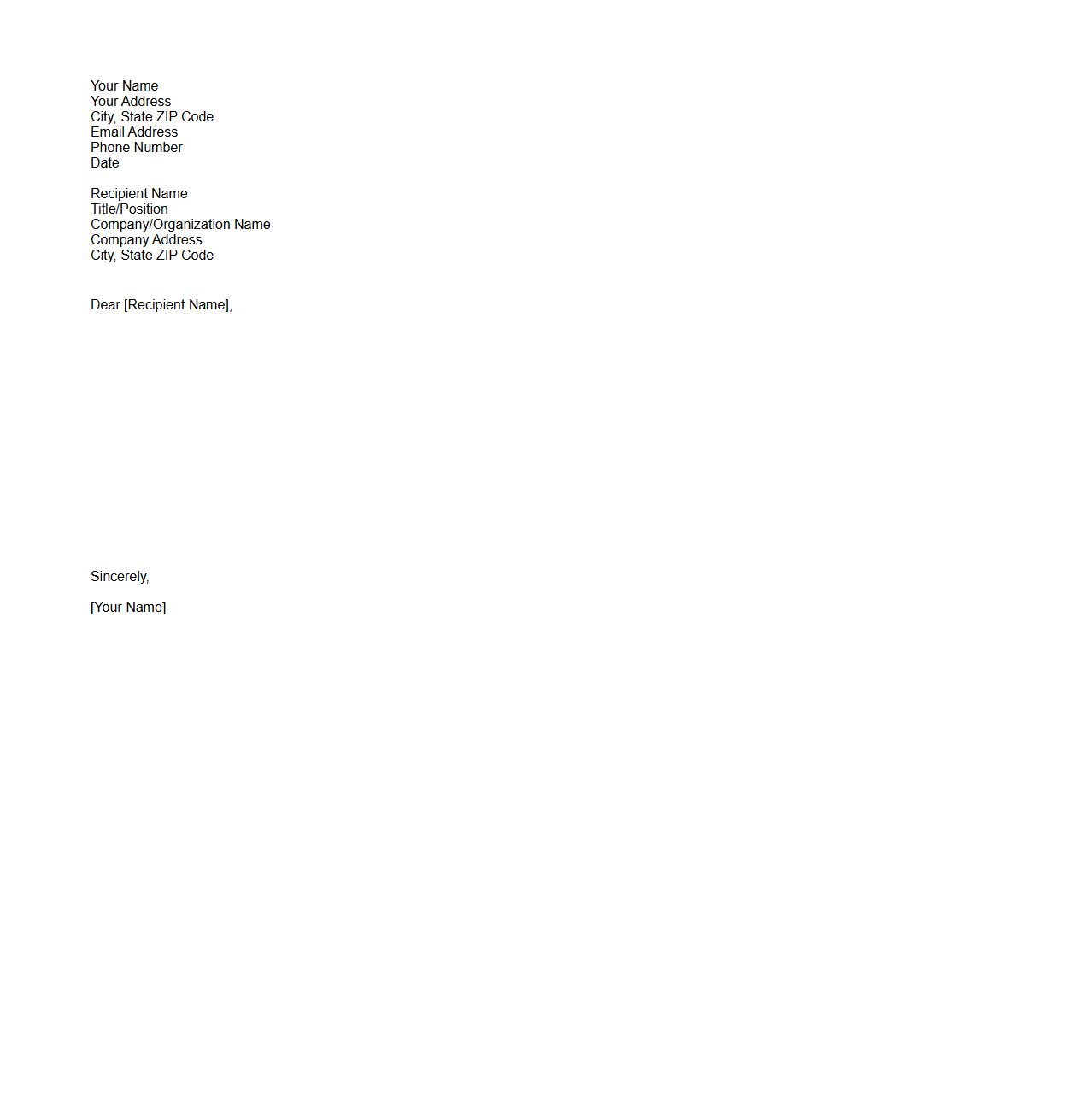 Blank Cover Letter Layout for Internship Applications