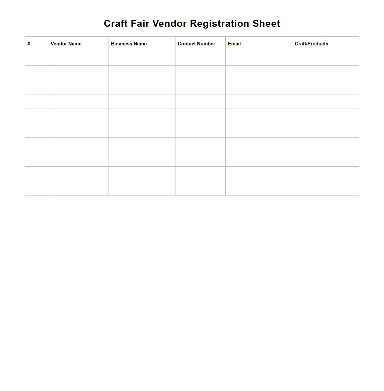 Blank Craft Fair Vendor Registration Sheet