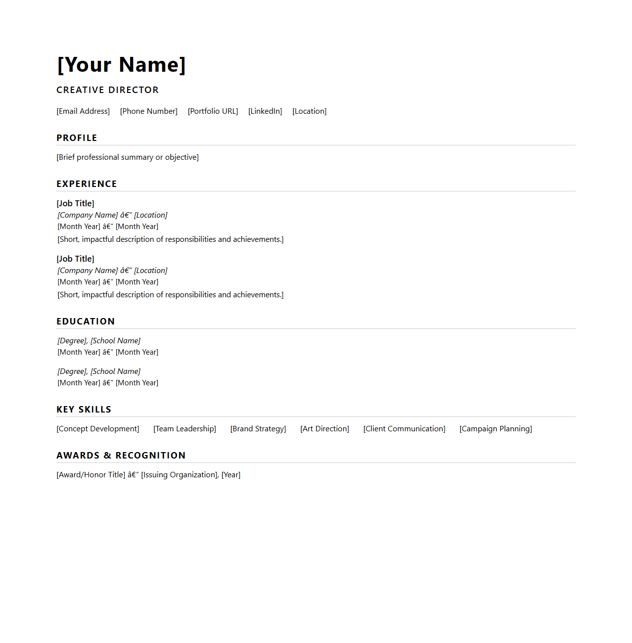 Blank Creative Director Resume Template for Advertising Agencies