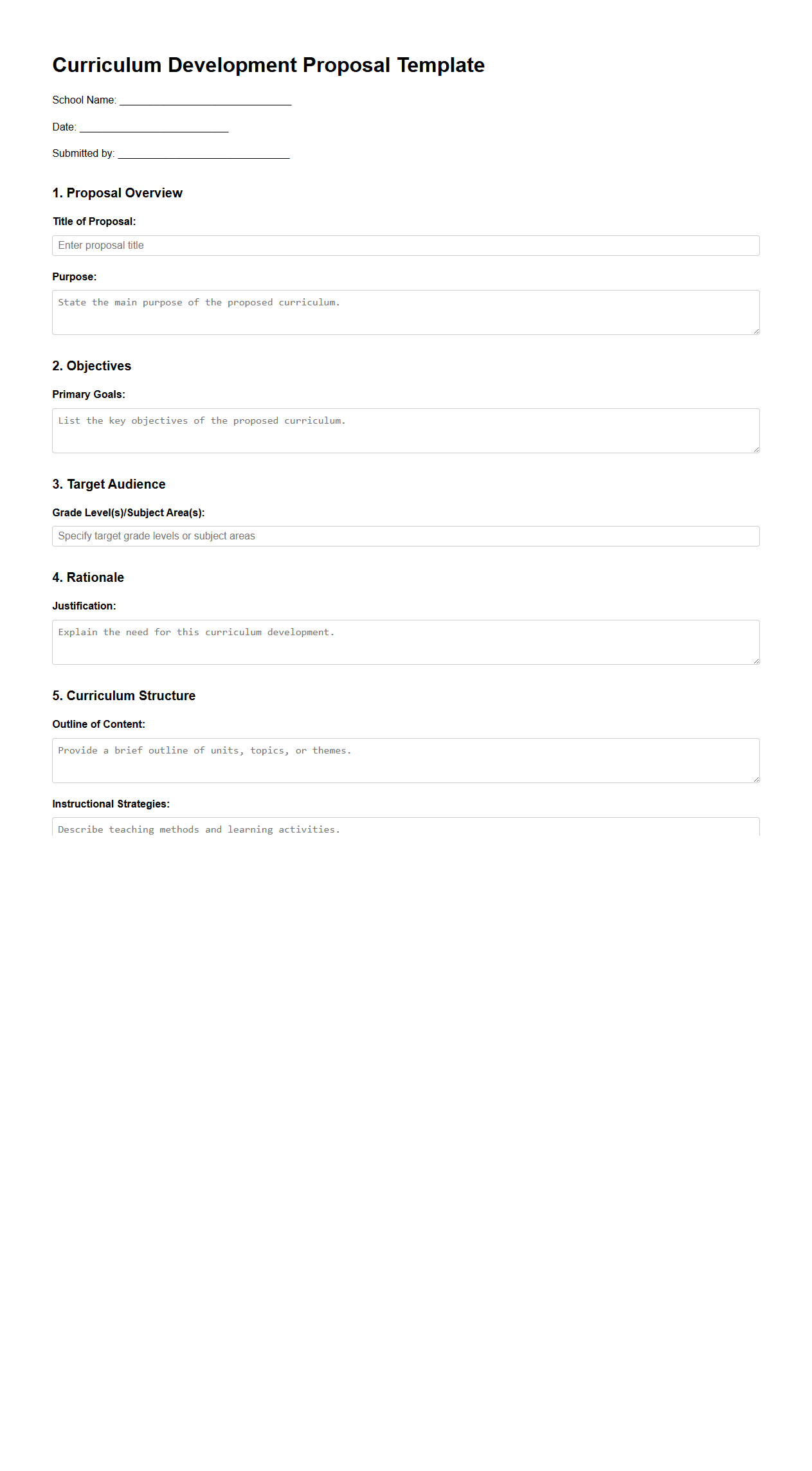 Blank Curriculum Development Proposal Template for Schools