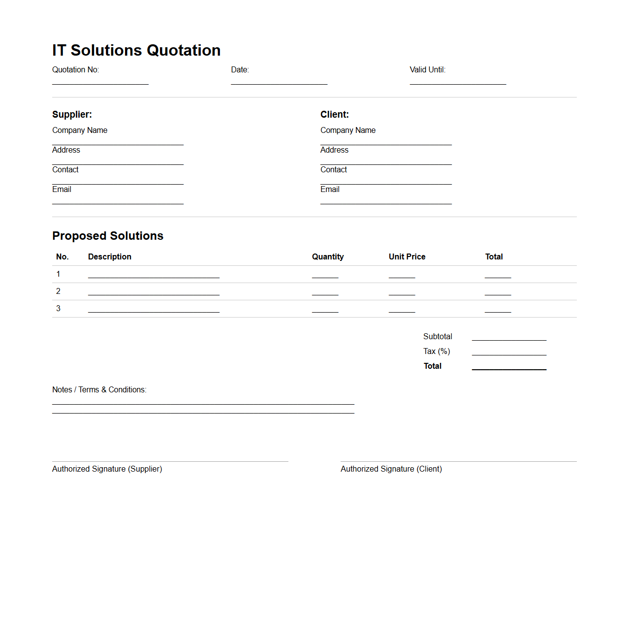 Blank Custom IT Solutions Quotation Template