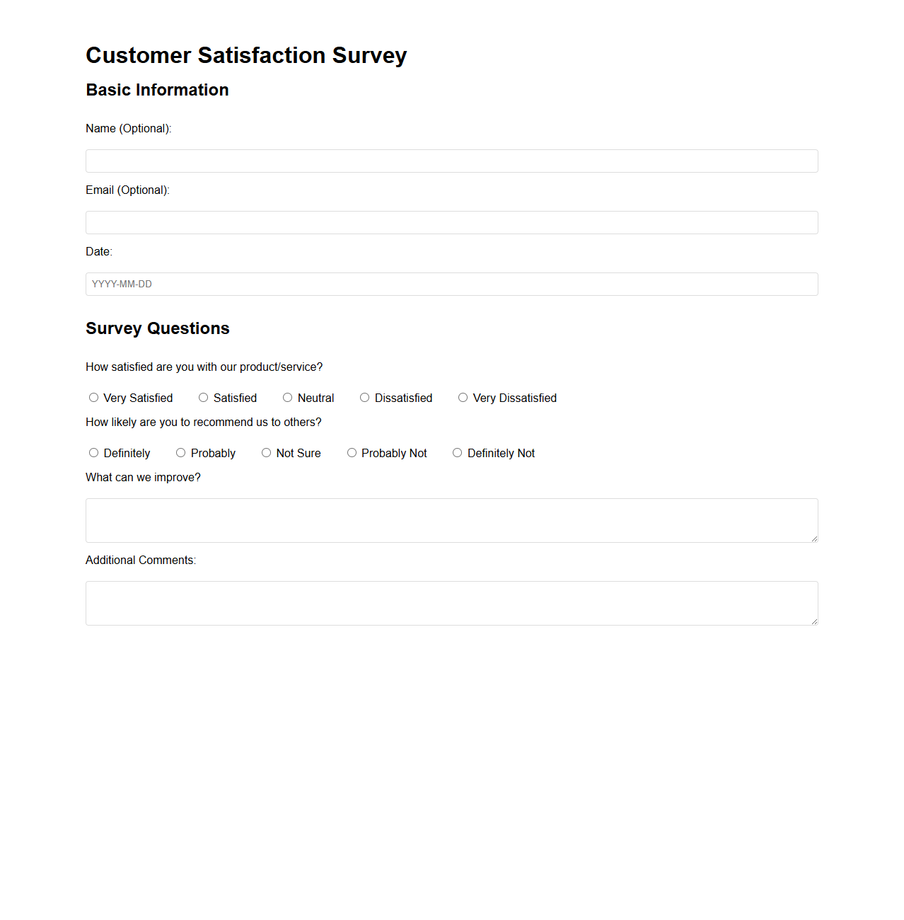 Blank Customer Satisfaction Survey Template for Market Analysis