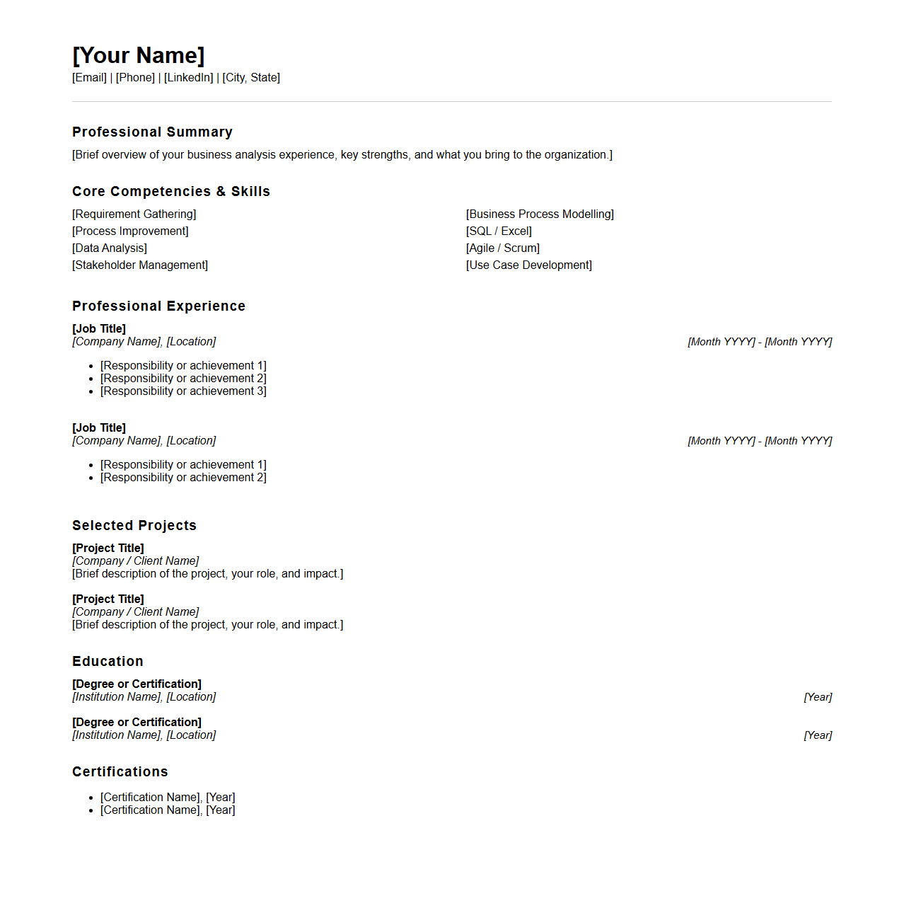 Blank Customizable Combination Resume Template for Business Analysts