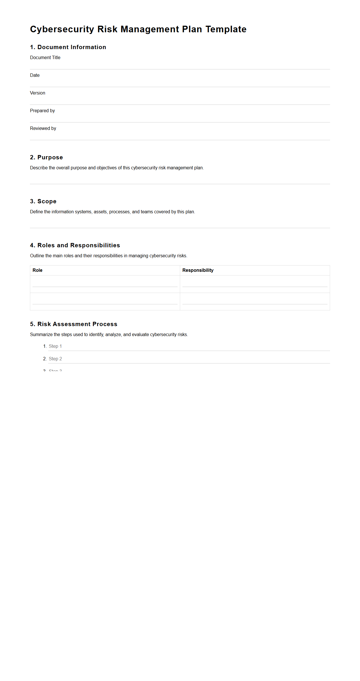 Blank Cybersecurity Risk Management Plan Template