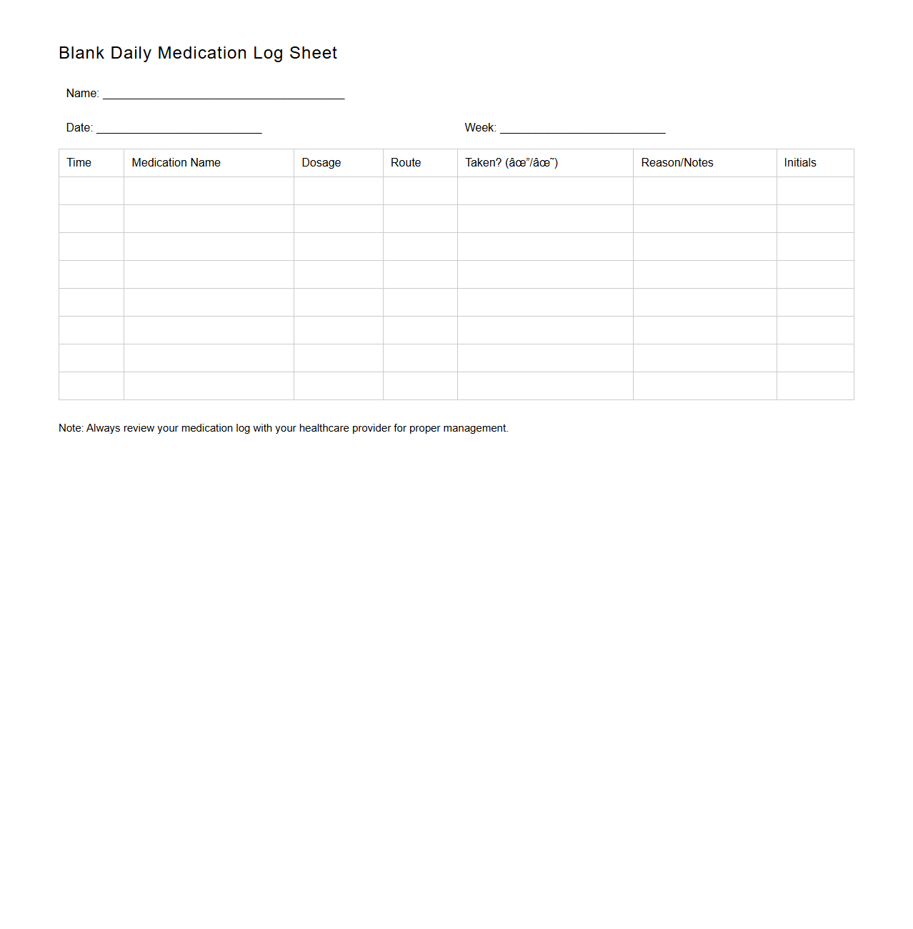 Blank Daily Medication Log Sheet for Personal Health Management