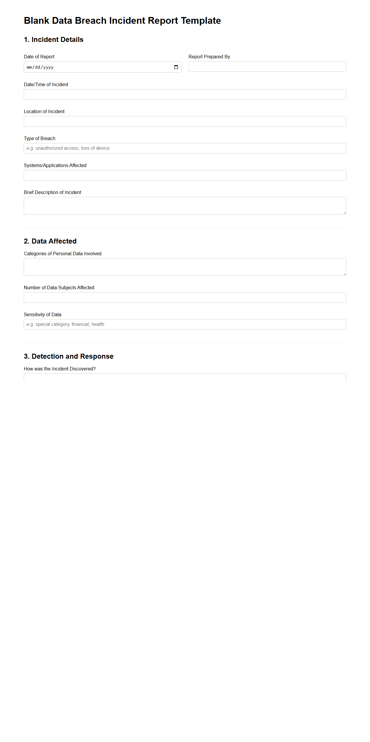 Blank Data Breach Incident Report Template