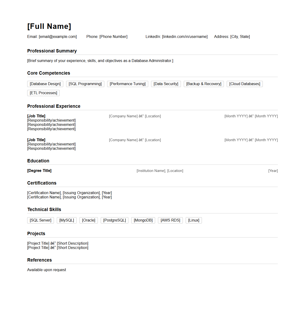 Blank Database Administrator Resume Template